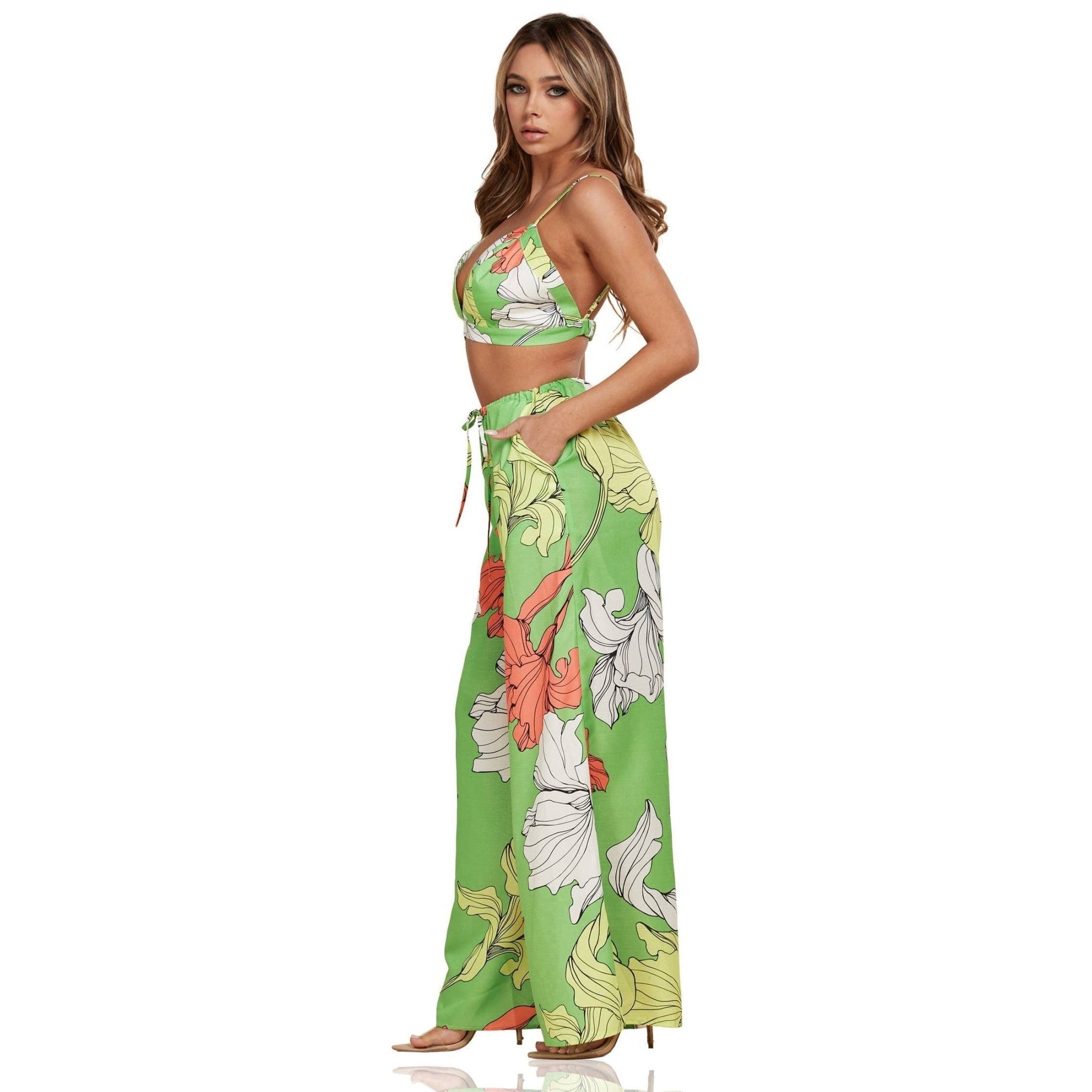 Enchanting Nature Seventies Vibe Leaf Flowy Pants and Robe Set [Size SM - L]