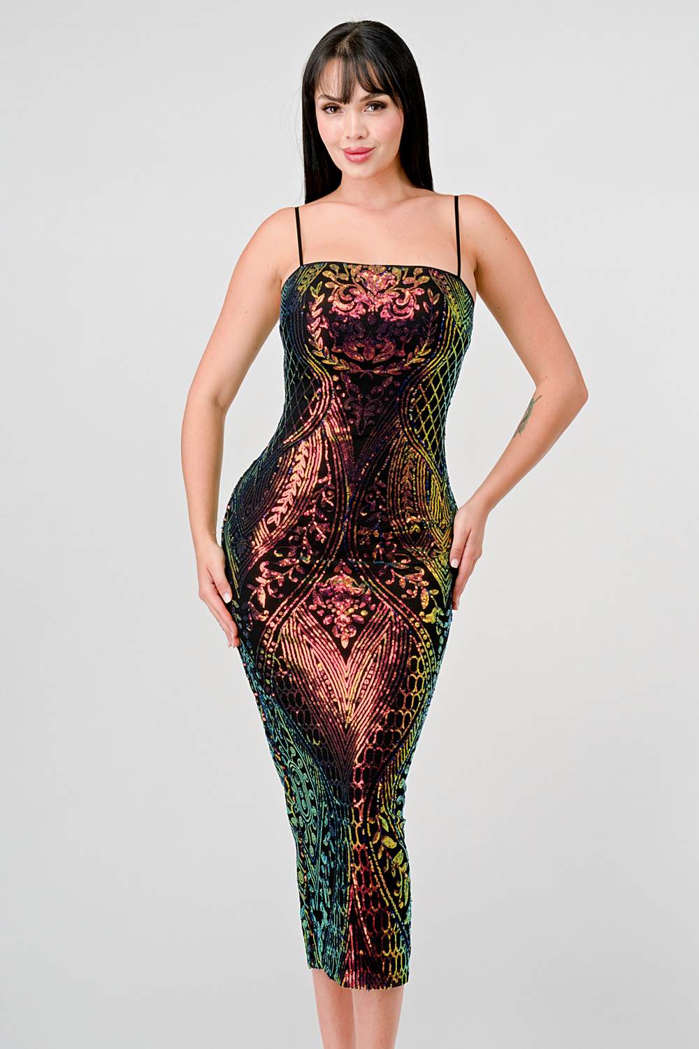 ENCHANTING PATTERN SEQUINS EMBELLISHED BACK SLIT MIDI DRESS Dress La Vie Bien ENCHANTING PATTERN SEQUINS EMBELLISHED BACK SLIT MIDI DRESS