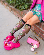 English Rose Black Sheer Knee High Sock by Sock Candy