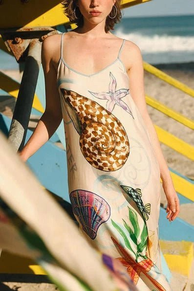 Eurochic Satin Beach Dress with Sea Life Print – Coastal Vacation Vibes La Vie Bien Eurochic Satin Beach Dress with Sea Life Print – Coastal Vacation Vibes
