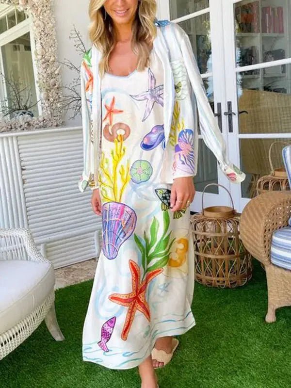 Eurochic Satin Beach Dress with Sea Life Print – Coastal Vacation Vibes La Vie Bien Eurochic Satin Beach Dress with Sea Life Print – Coastal Vacation Vibes