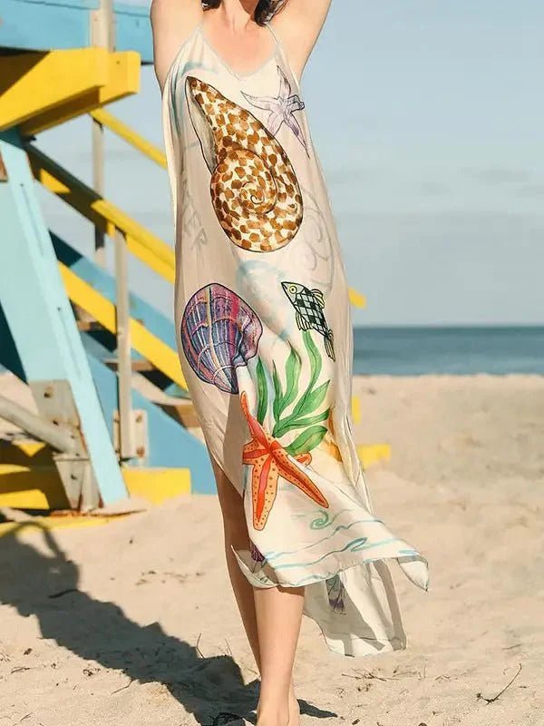 Eurochic Satin Beach Dress with Sea Life Print – Coastal Vacation Vibes La Vie Bien Eurochic Satin Beach Dress with Sea Life Print – Coastal Vacation Vibes