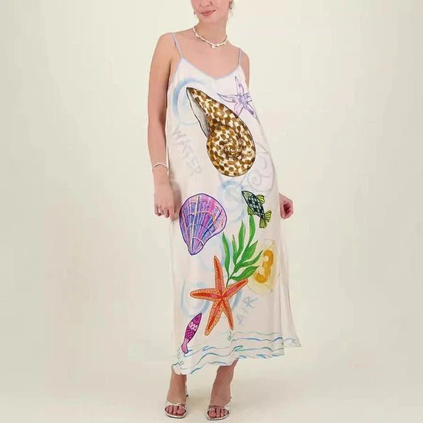 Eurochic Satin Beach Dress with Sea Life Print – Coastal Vacation Vibes La Vie Bien Eurochic Satin Beach Dress with Sea Life Print – Coastal Vacation Vibes