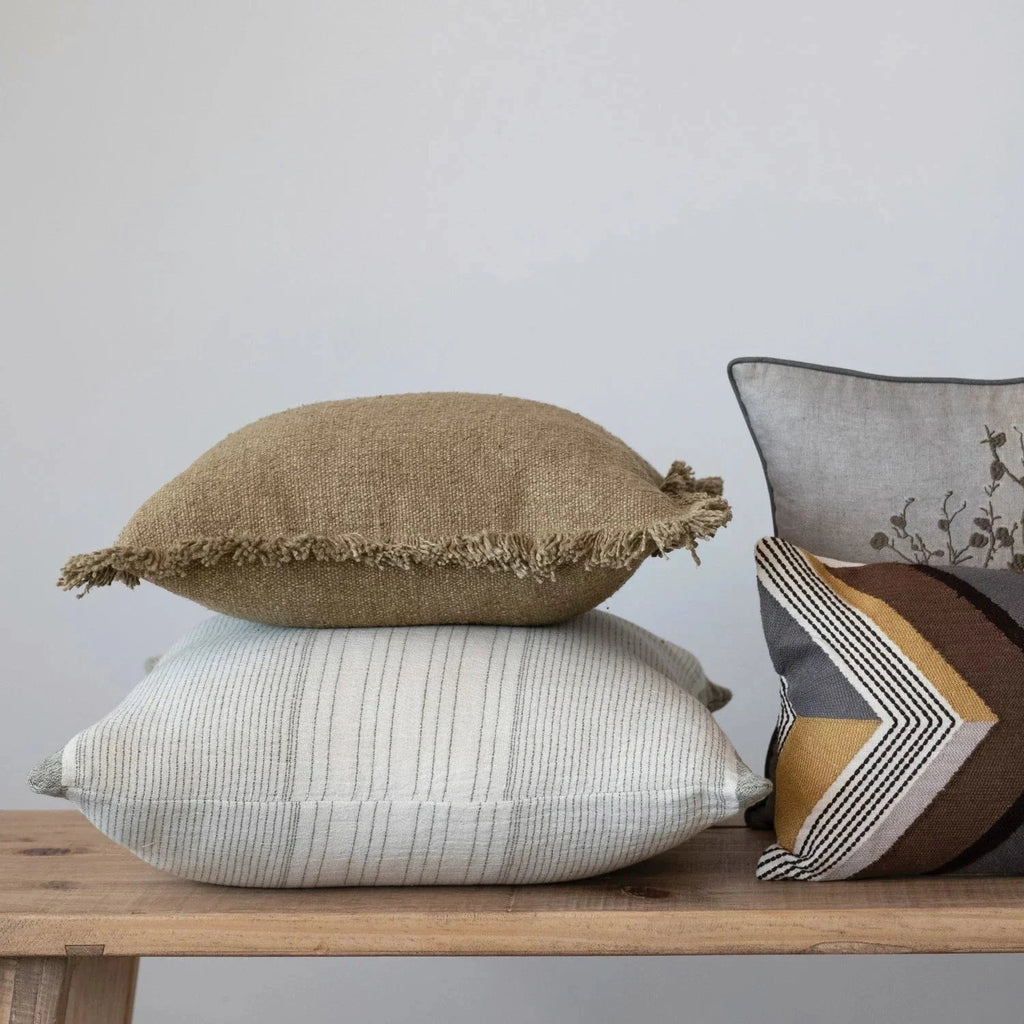 Everett Cotton Pillow Cover, Grey & Green Stripes by White Cliff Studio