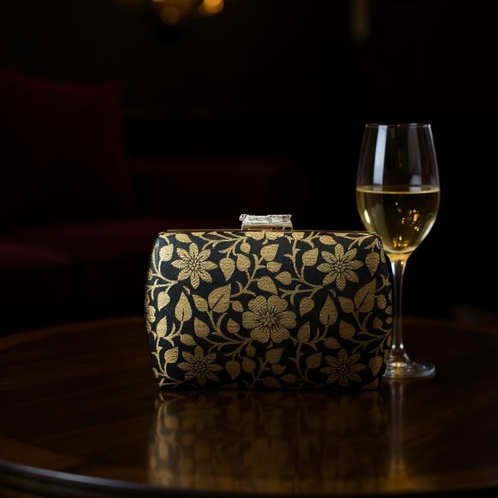 Exclusive Black Clutch with Golden Floral Design Clutch La Vie Bien Exclusive Black Clutch with Golden Floral Design