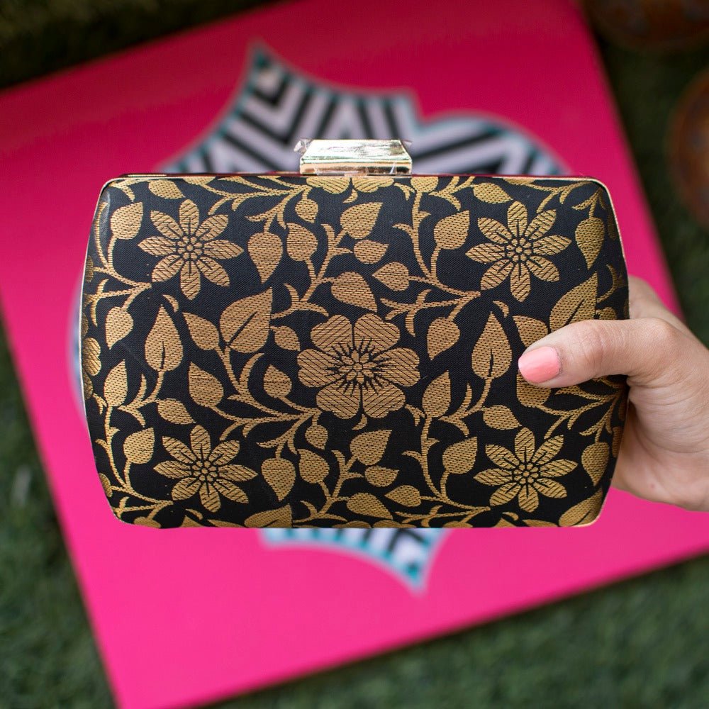 Exclusive Black Clutch with Golden Floral Design Clutch La Vie Bien Exclusive Black Clutch with Golden Floral Design