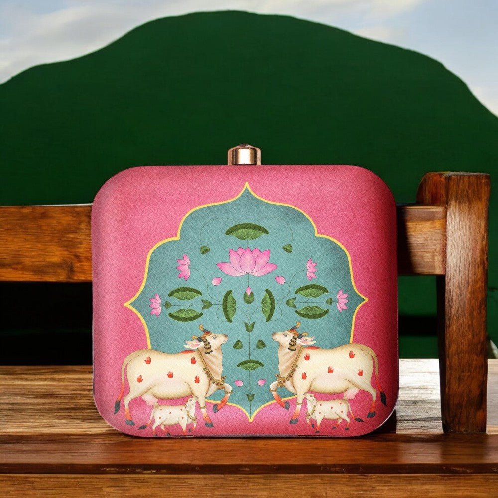 Exclusive Box Clutch with Pichawai & Calf Print Clutch La Vie Bien Exclusive Box Clutch with Pichawai & Calf Print