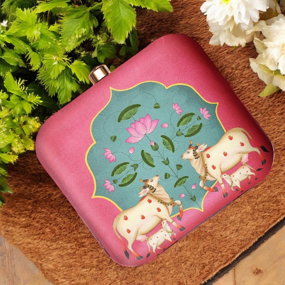 Exclusive Box Clutch with Pichawai & Calf Print Clutch La Vie Bien Exclusive Box Clutch with Pichawai & Calf Print