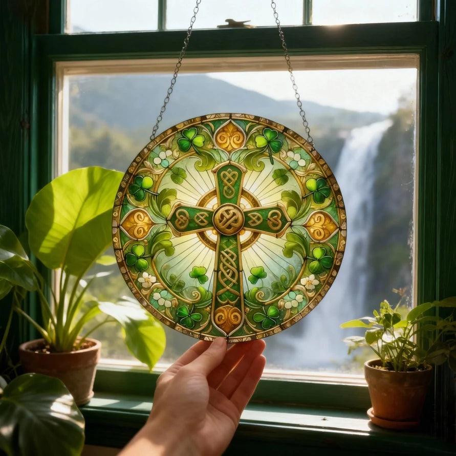 Ireland's Celtic Cross Stained Glass Suncatcher Gift