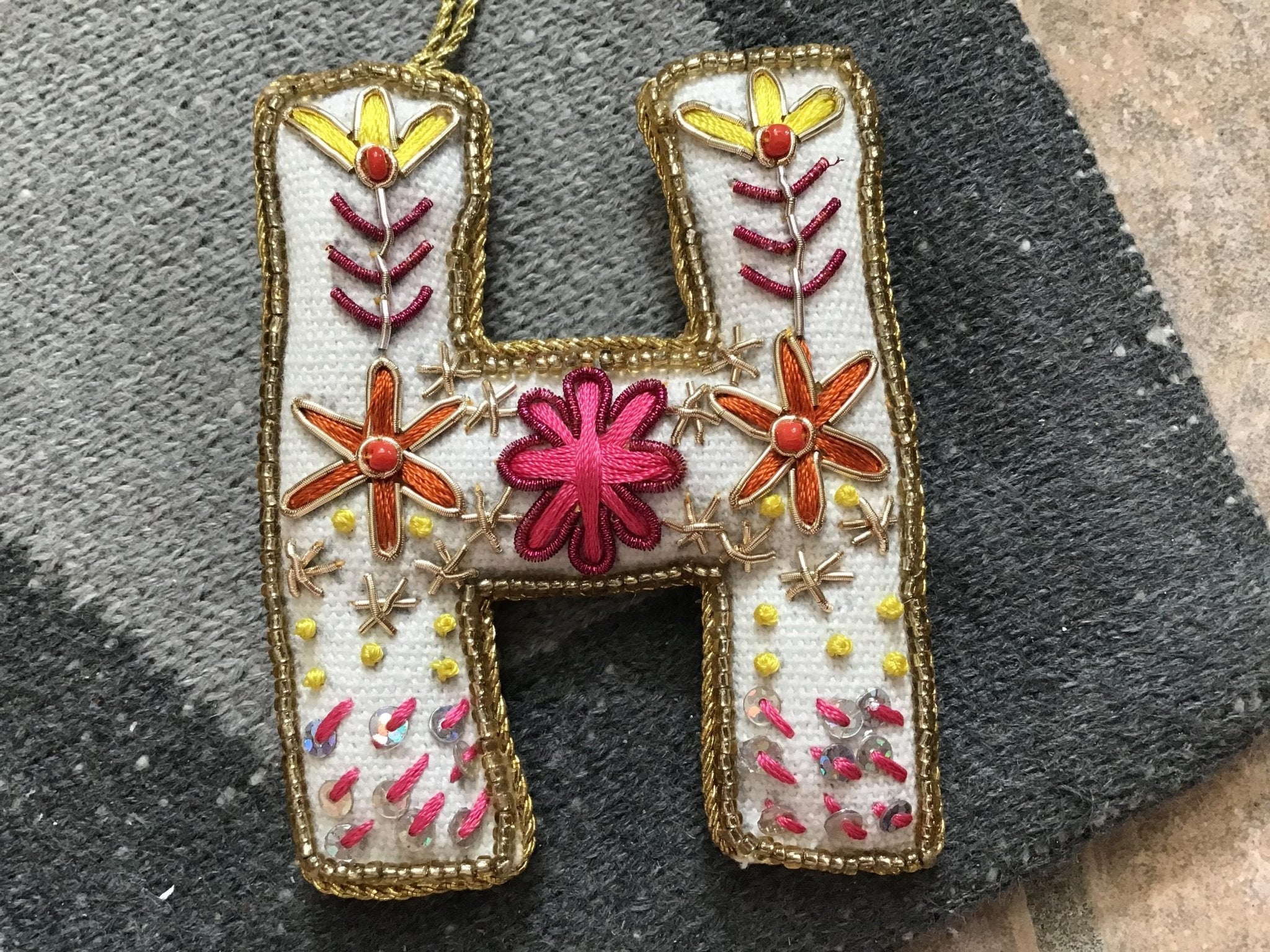 Fabric Alphabet Ornament w/ Beads & Embroidery, Multi Color, 26 Styles Ornaments La Vie Bien Fabric Alphabet Ornament w/ Beads & Embroidery, Multi Color, 26 Styles