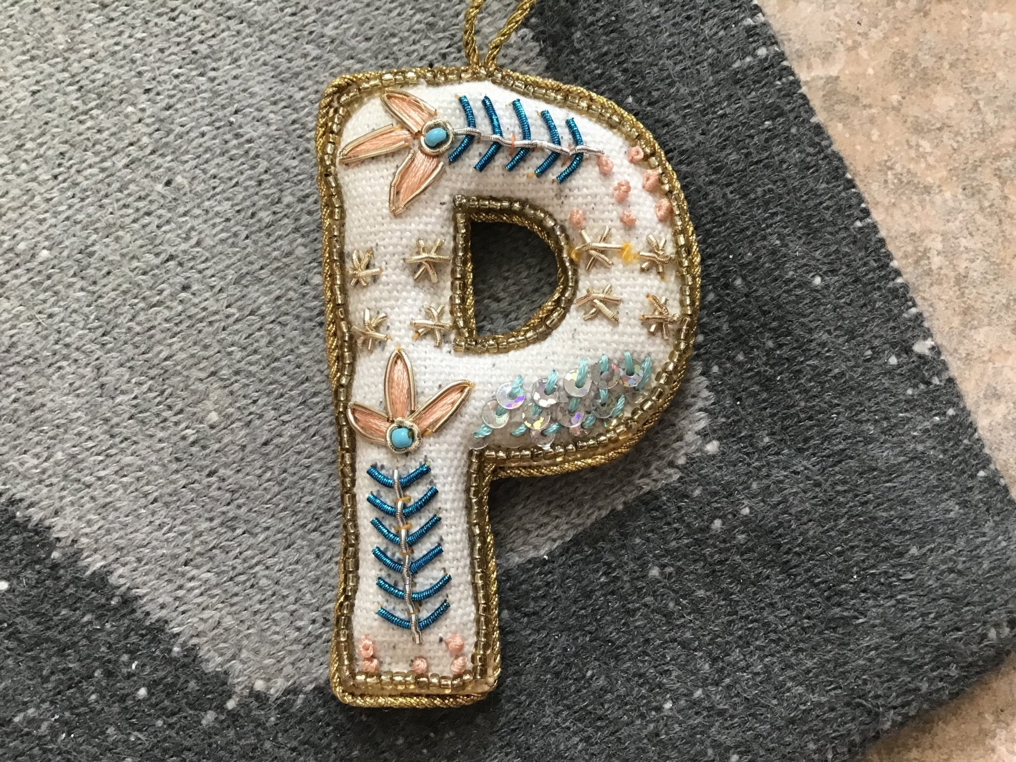Fabric Alphabet Ornament w/ Beads & Embroidery, Multi Color, 26 Styles Ornaments La Vie Bien Fabric Alphabet Ornament w/ Beads & Embroidery, Multi Color, 26 Styles