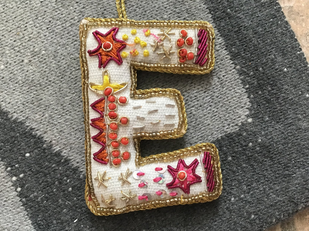 Fabric Alphabet Ornament w/ Beads & Embroidery, Multi Color, 26 Styles Ornaments La Vie Bien Fabric Alphabet Ornament w/ Beads & Embroidery, Multi Color, 26 Styles