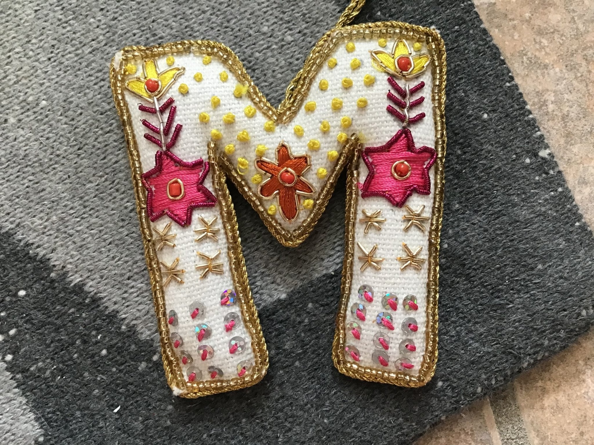 Fabric Alphabet Ornament w/ Beads & Embroidery, Multi Color, 26 Styles Ornaments La Vie Bien Fabric Alphabet Ornament w/ Beads & Embroidery, Multi Color, 26 Styles