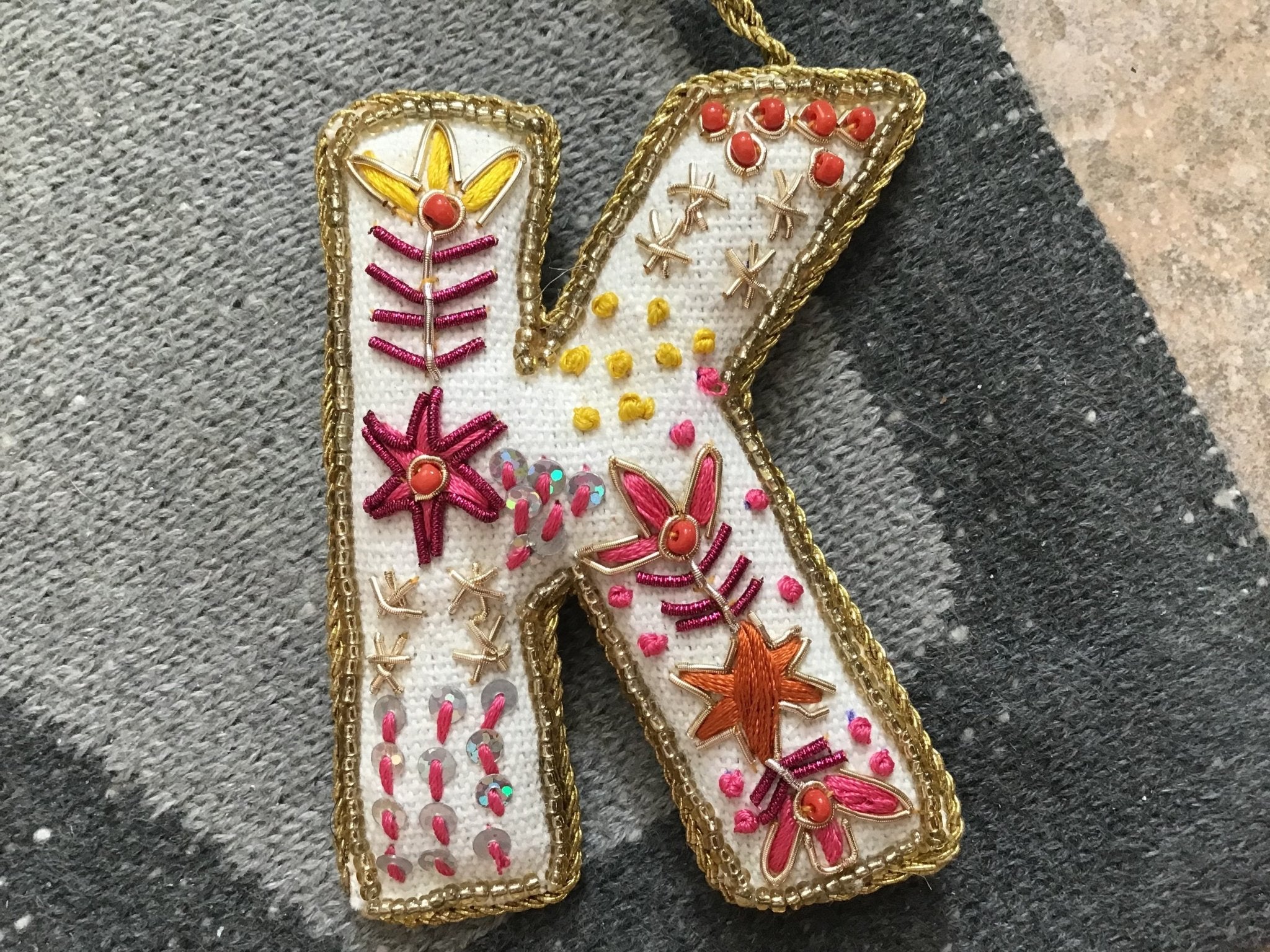 Fabric Alphabet Ornament w/ Beads & Embroidery, Multi Color, 26 Styles Ornaments La Vie Bien Fabric Alphabet Ornament w/ Beads & Embroidery, Multi Color, 26 Styles