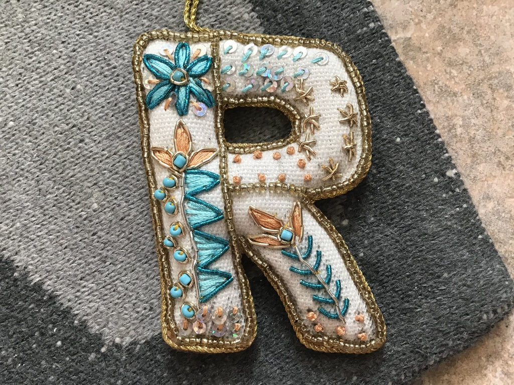 Fabric Alphabet Ornament w/ Beads & Embroidery, Multi Color, 26 Styles Ornaments La Vie Bien Fabric Alphabet Ornament w/ Beads & Embroidery, Multi Color, 26 Styles