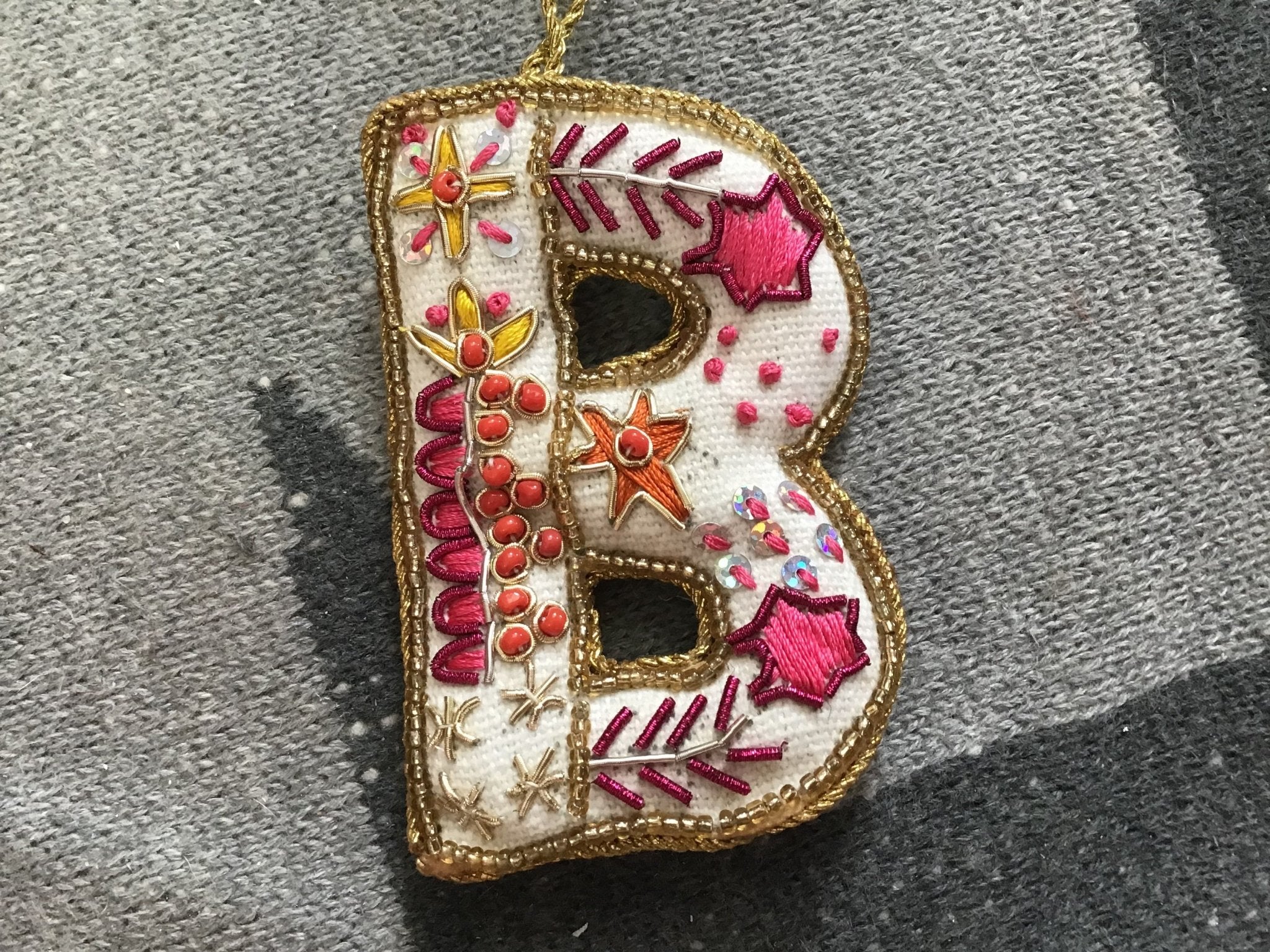 Fabric Alphabet Ornament w/ Beads & Embroidery, Multi Color, 26 Styles Ornaments La Vie Bien Fabric Alphabet Ornament w/ Beads & Embroidery, Multi Color, 26 Styles