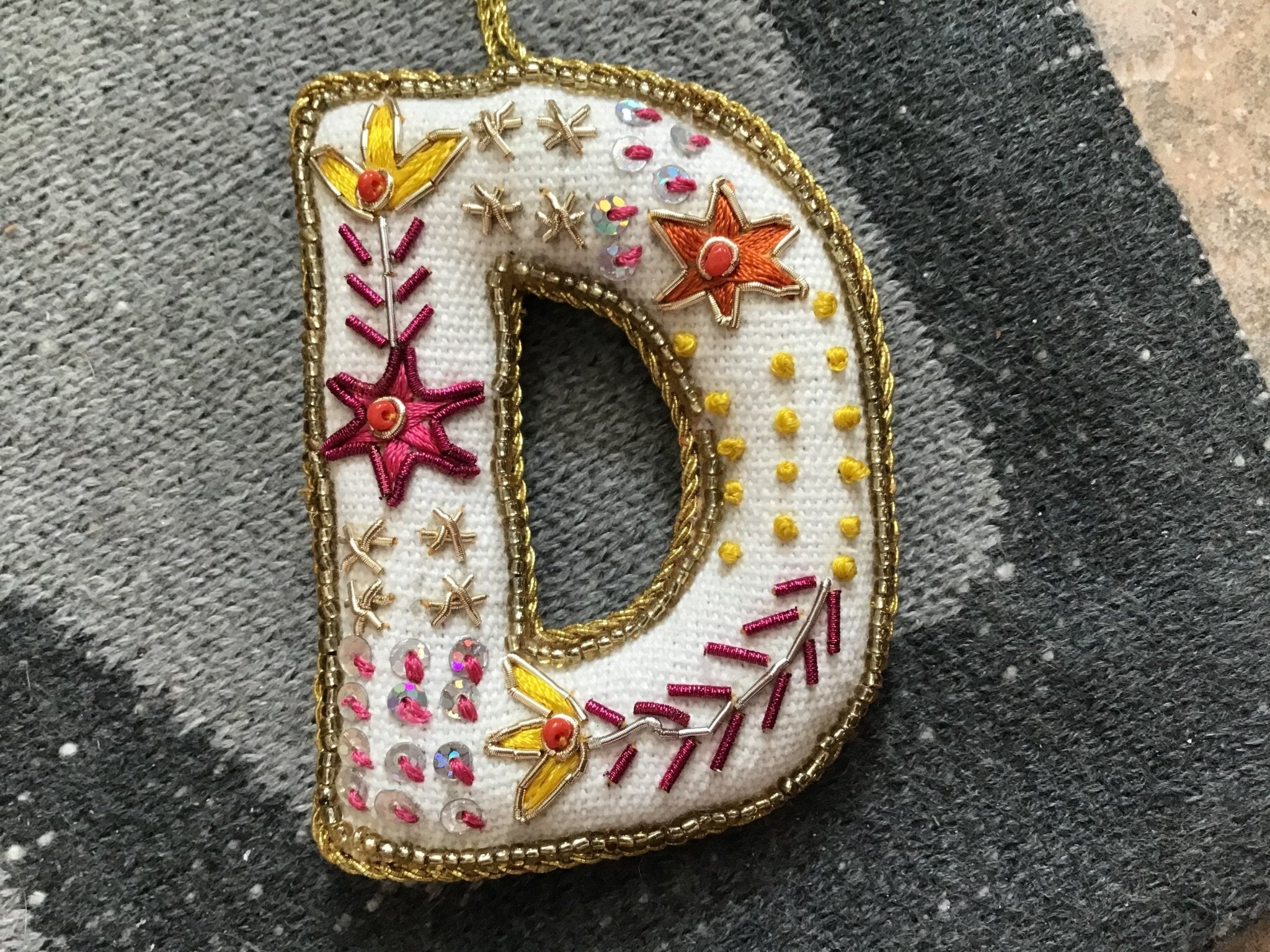 Fabric Alphabet Ornament w/ Beads & Embroidery, Multi Color, 26 Styles Ornaments La Vie Bien Fabric Alphabet Ornament w/ Beads & Embroidery, Multi Color, 26 Styles