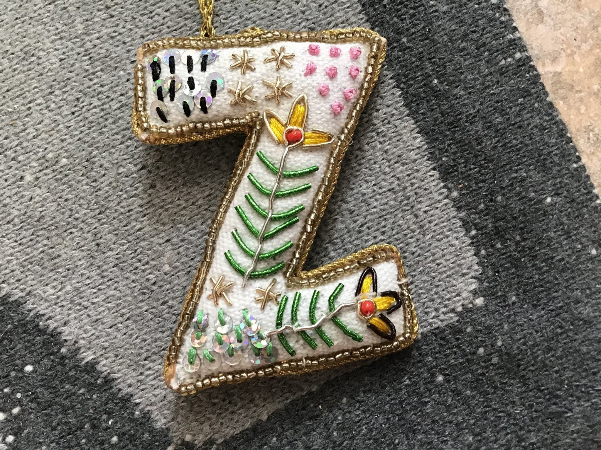Fabric Alphabet Ornament w/ Beads & Embroidery, Multi Color, 26 Styles Ornaments La Vie Bien Fabric Alphabet Ornament w/ Beads & Embroidery, Multi Color, 26 Styles