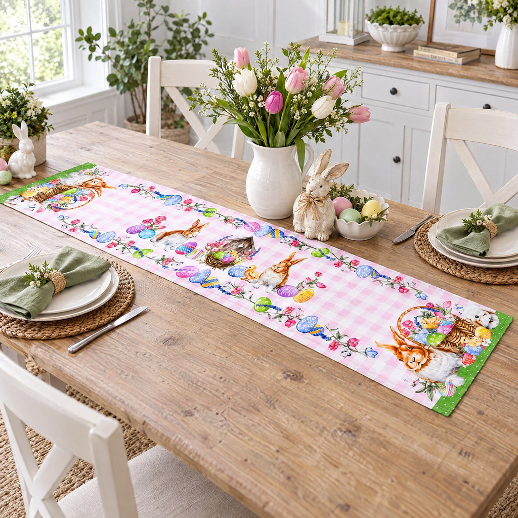 Fabric Easter Table Runner Featuring Playful Bunnies and Pastel Eggs 73 Inches Long Easter > Tableware La Vie Bien Fabric Easter Table Runner Featuring Playful Bunnies and Pastel Eggs 73 Inches Long