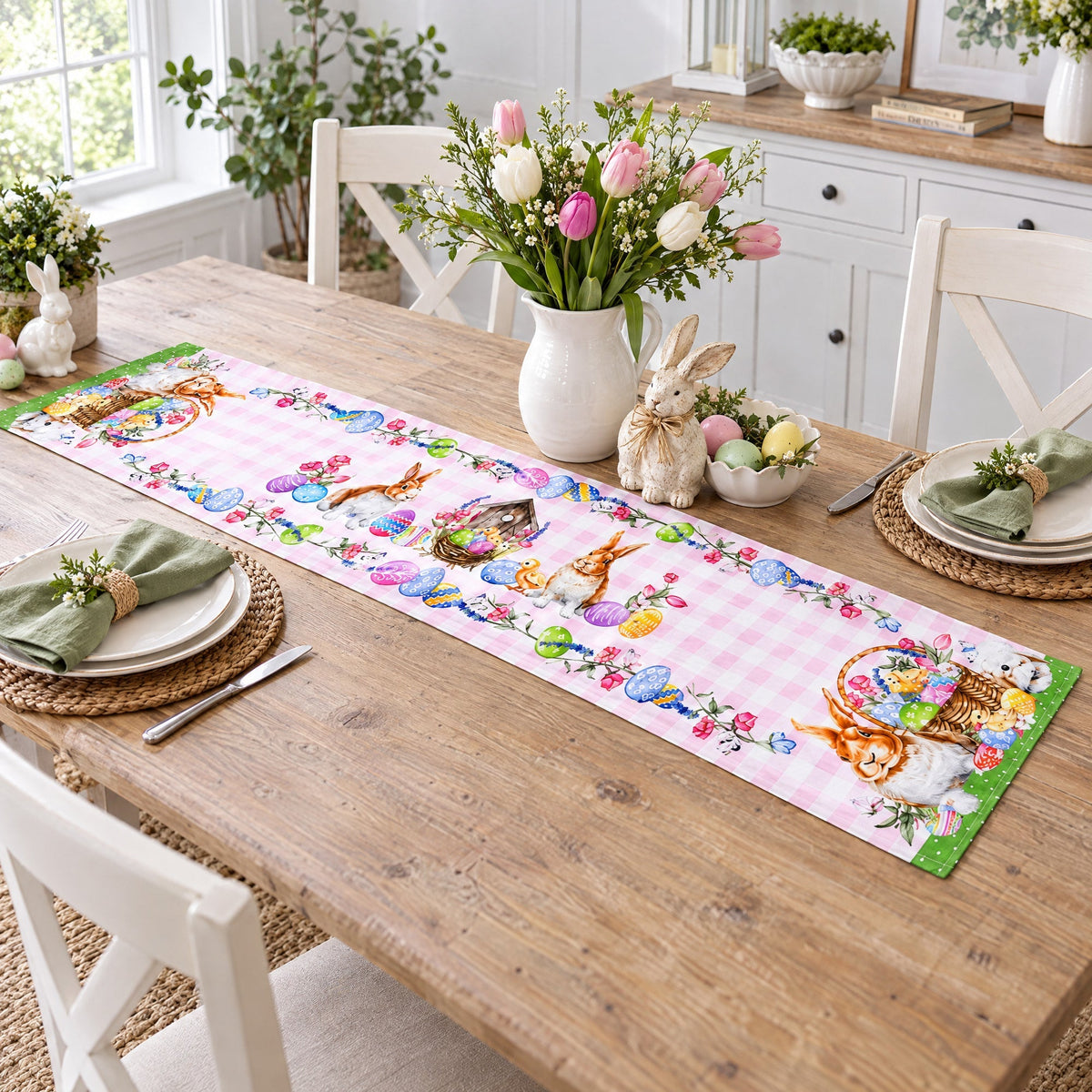 Fabric Easter Table Runner Featuring Playful Bunnies and Pastel Eggs 73 Inches Long Easter > Tableware La Vie Bien Fabric Easter Table Runner Featuring Playful Bunnies and Pastel Eggs 73 Inches Long