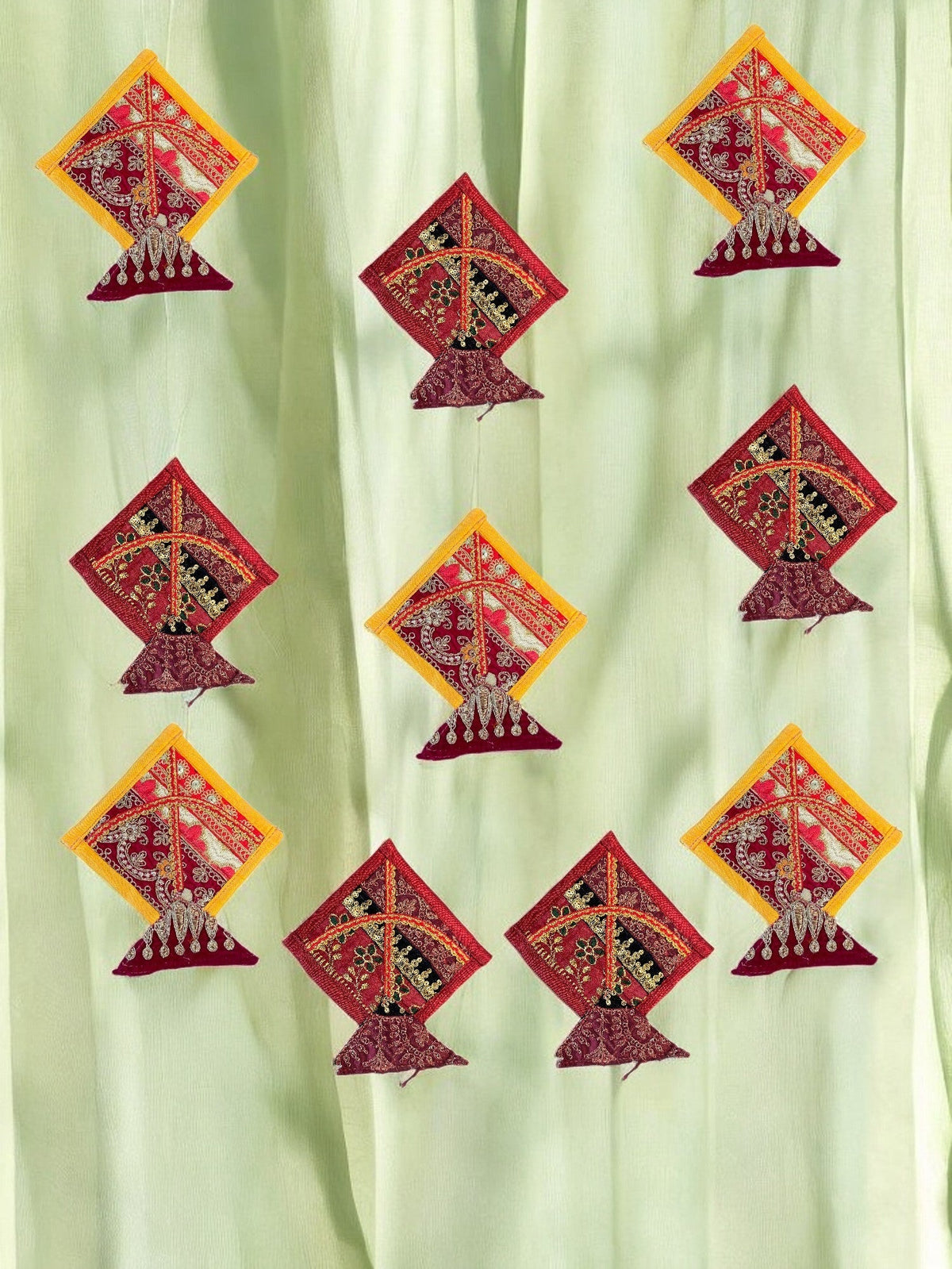 Fabric Kites with Zardozi, Set of 10 Festive Decor La Vie Bien Fabric Kites with Zardozi, Set of 10