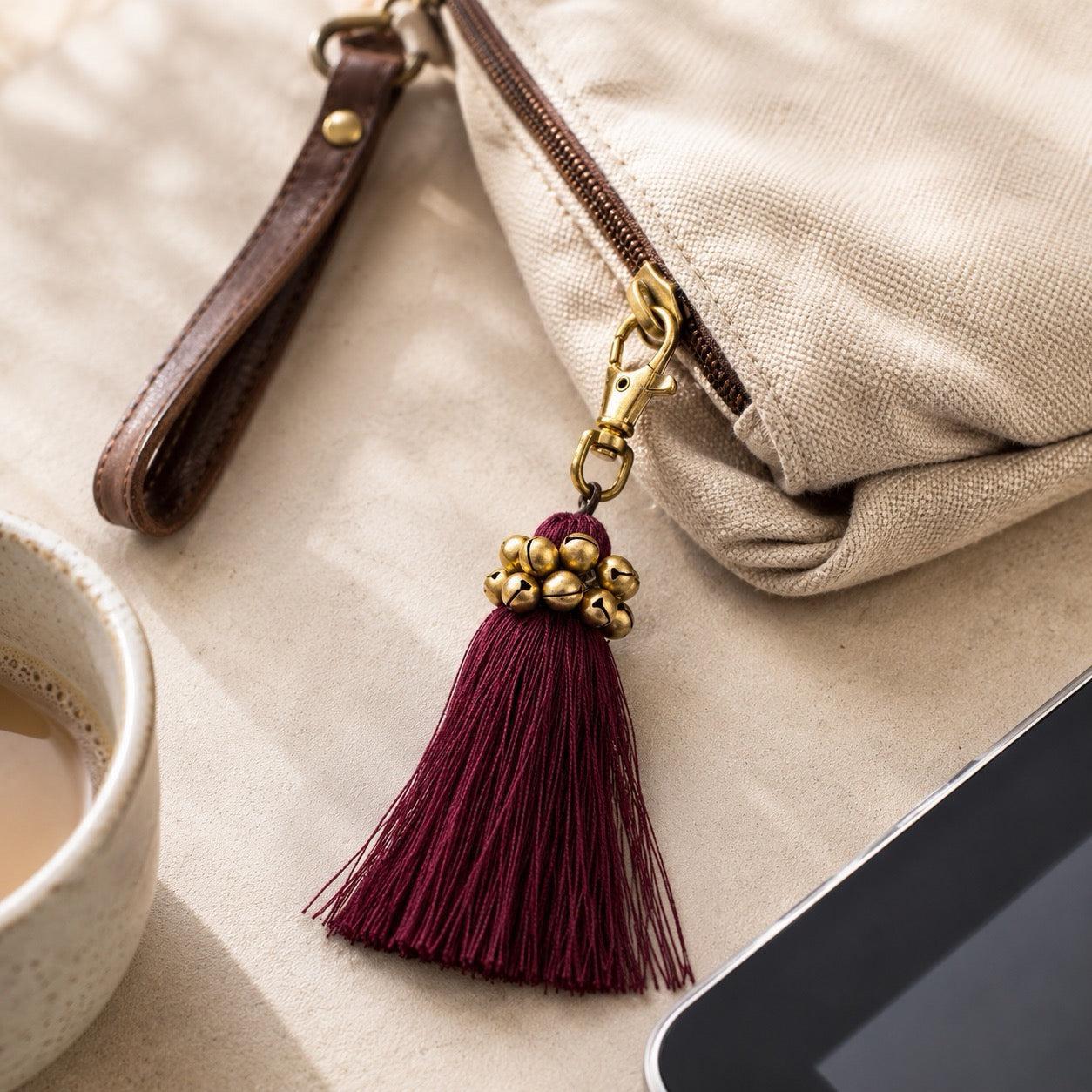 Fair Trade Cotton Tassel Zipper Pull with Bells | Handmade Keychain or Bag Charm from Thailand Bag Charms La Vie Bien Fair Trade Cotton Tassel Zipper Pull with Bells | Handmade Keychain or Bag Charm from Thailand