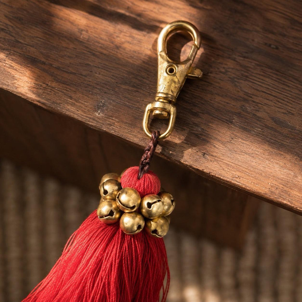 Fair Trade Cotton Tassel Zipper Pull with Bells | Handmade Keychain or Bag Charm from Thailand Bag Charms La Vie Bien Fair Trade Cotton Tassel Zipper Pull with Bells | Handmade Keychain or Bag Charm from Thailand