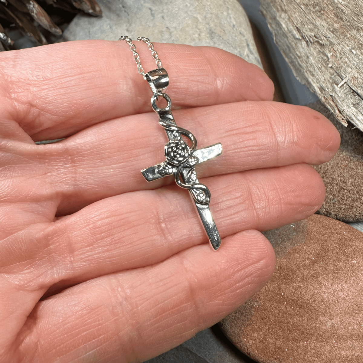 Faithful Rose Cross Necklace in Sterling Silver Pendant La Vie Bien Faithful Rose Cross Necklace in Sterling Silver