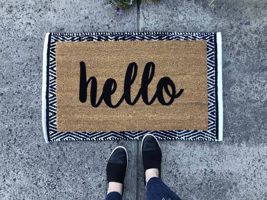 Farmhouse script hello Doormat by Nickel Designs Custom Doormats