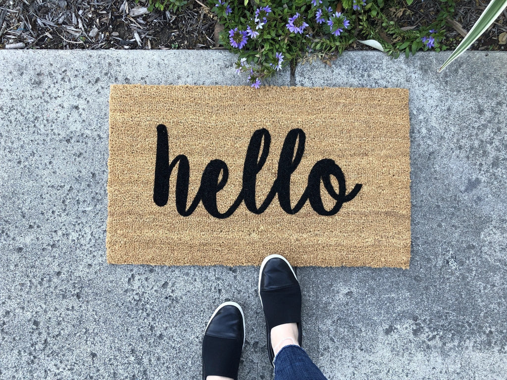 Farmhouse script hello Doormat by Nickel Designs Custom Doormats