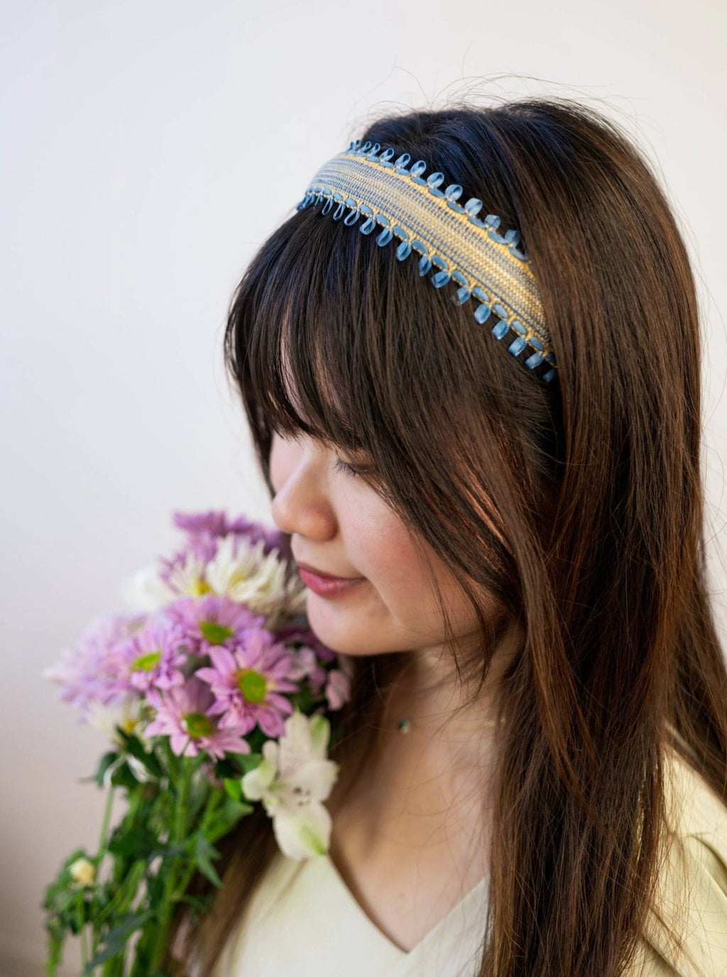 Felicity Blue and Tan Woven Headband with Ribbon Embroidery by Ash & Rose