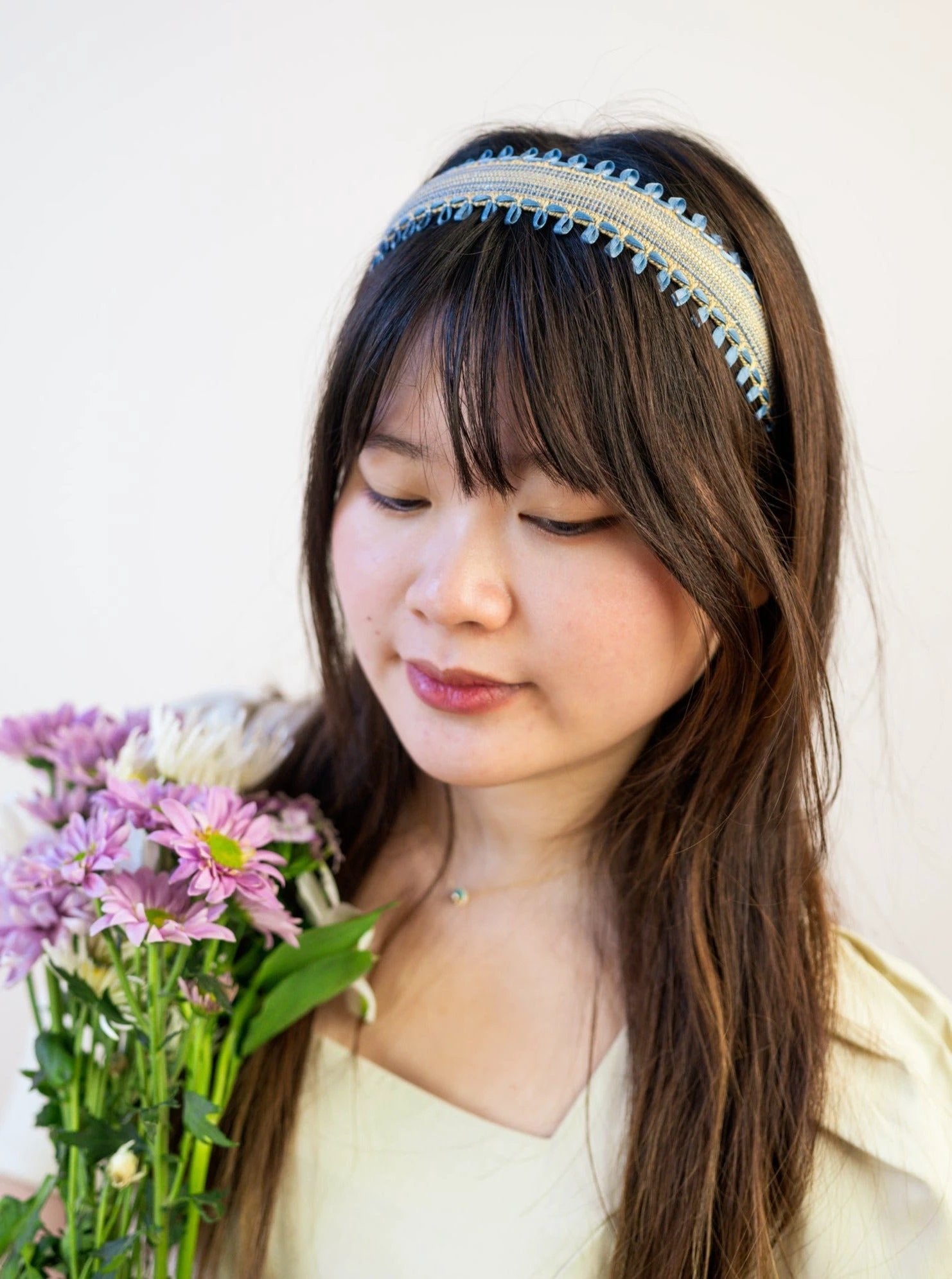 Felicity Blue and Tan Woven Headband with Ribbon Embroidery by Ash & Rose
