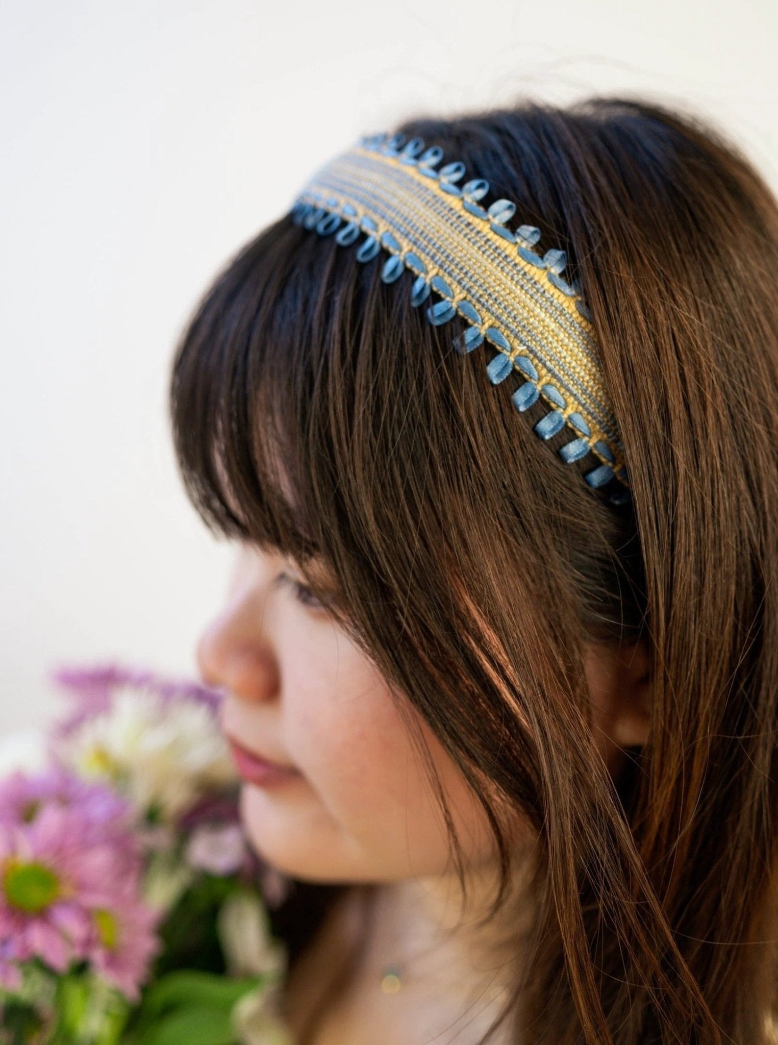 Felicity Blue and Tan Woven Headband with Ribbon Embroidery by Ash & Rose