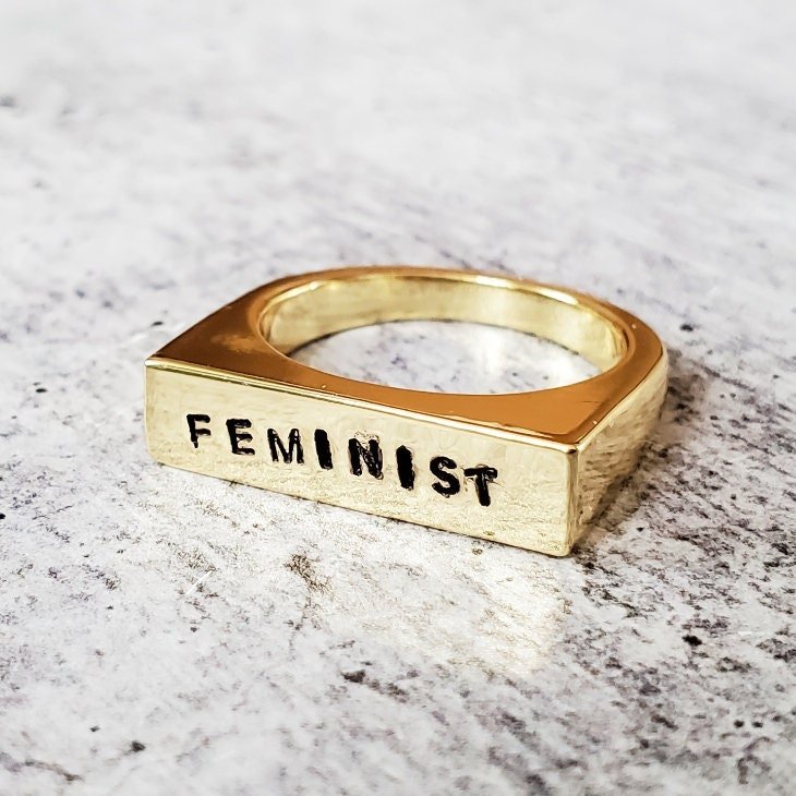 Feminist Flat Top Band Ring: Gold Plated or Sterling Silver Flat Top Band Rings La Vie Bien Feminist Flat Top Band Ring: Gold Plated or Sterling Silver Flat Top Band