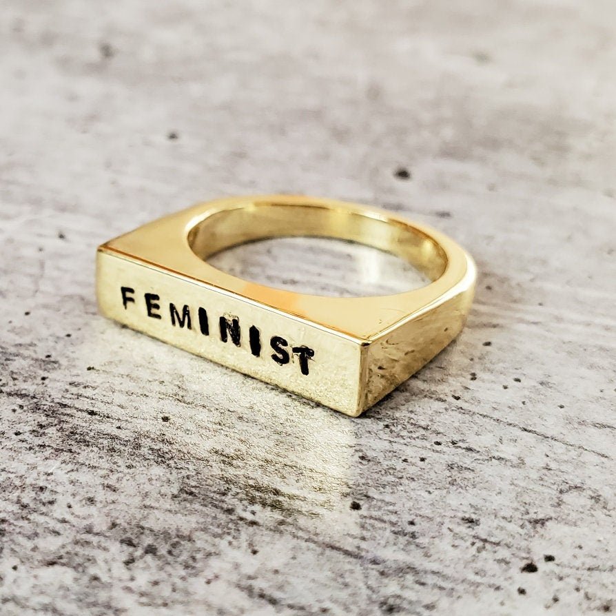 Feminist Flat Top Band Ring: Gold Plated or Sterling Silver Flat Top Band Rings La Vie Bien Feminist Flat Top Band Ring: Gold Plated or Sterling Silver Flat Top Band