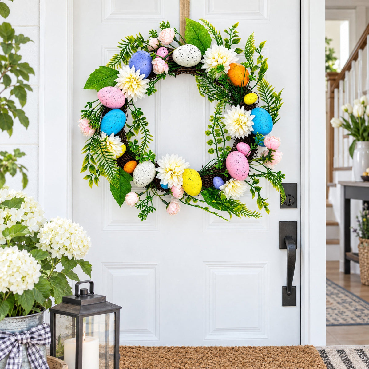 Festive Easter Floral Door Wreath with Pastel Speckled Eggs Easter > Wreaths La Vie Bien Festive Easter Floral Door Wreath with Pastel Speckled Eggs