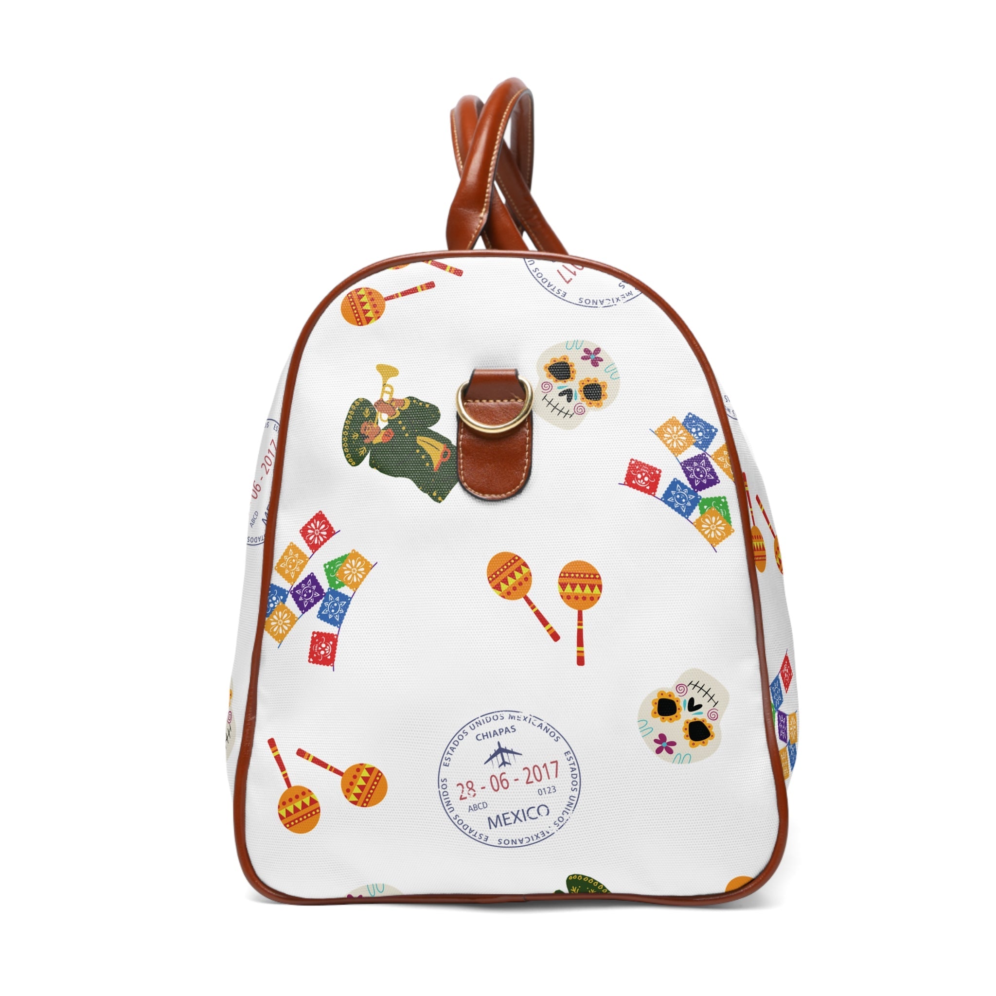 Festive Mexican Fiesta themed Pattern Duffle bag, maracas, skulls, passport stamps Bags La Vie Bien Festive Mexican Fiesta themed Pattern Duffle bag, maracas, skulls, passport stamps