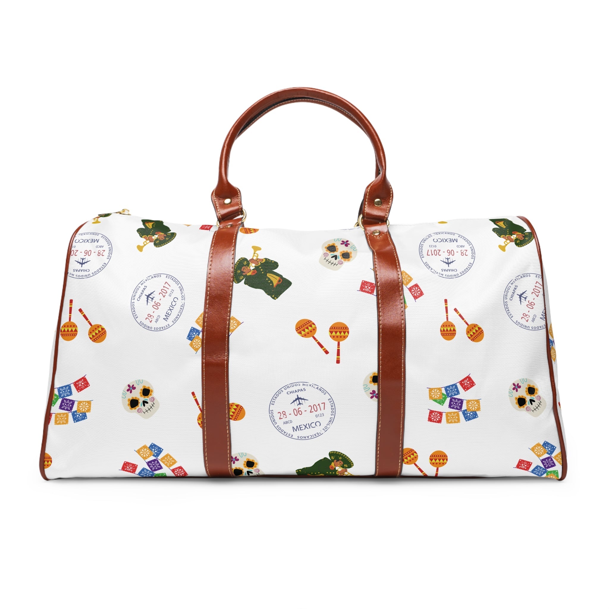 Festive Mexican Fiesta themed Pattern Duffle bag, maracas, skulls, passport stamps Bags La Vie Bien Festive Mexican Fiesta themed Pattern Duffle bag, maracas, skulls, passport stamps