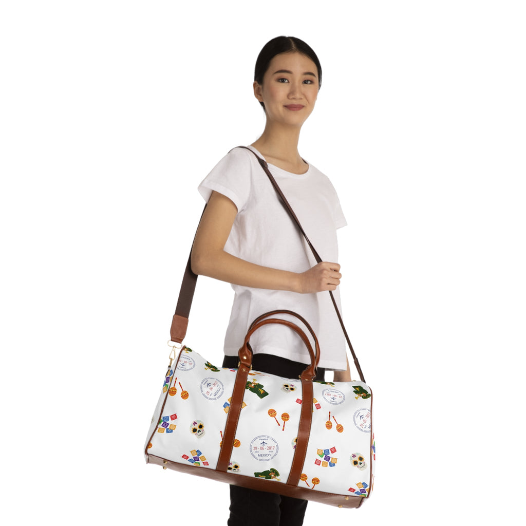 Festive Mexican Fiesta themed Pattern Duffle bag, maracas, skulls, passport stamps Bags La Vie Bien Festive Mexican Fiesta themed Pattern Duffle bag, maracas, skulls, passport stamps