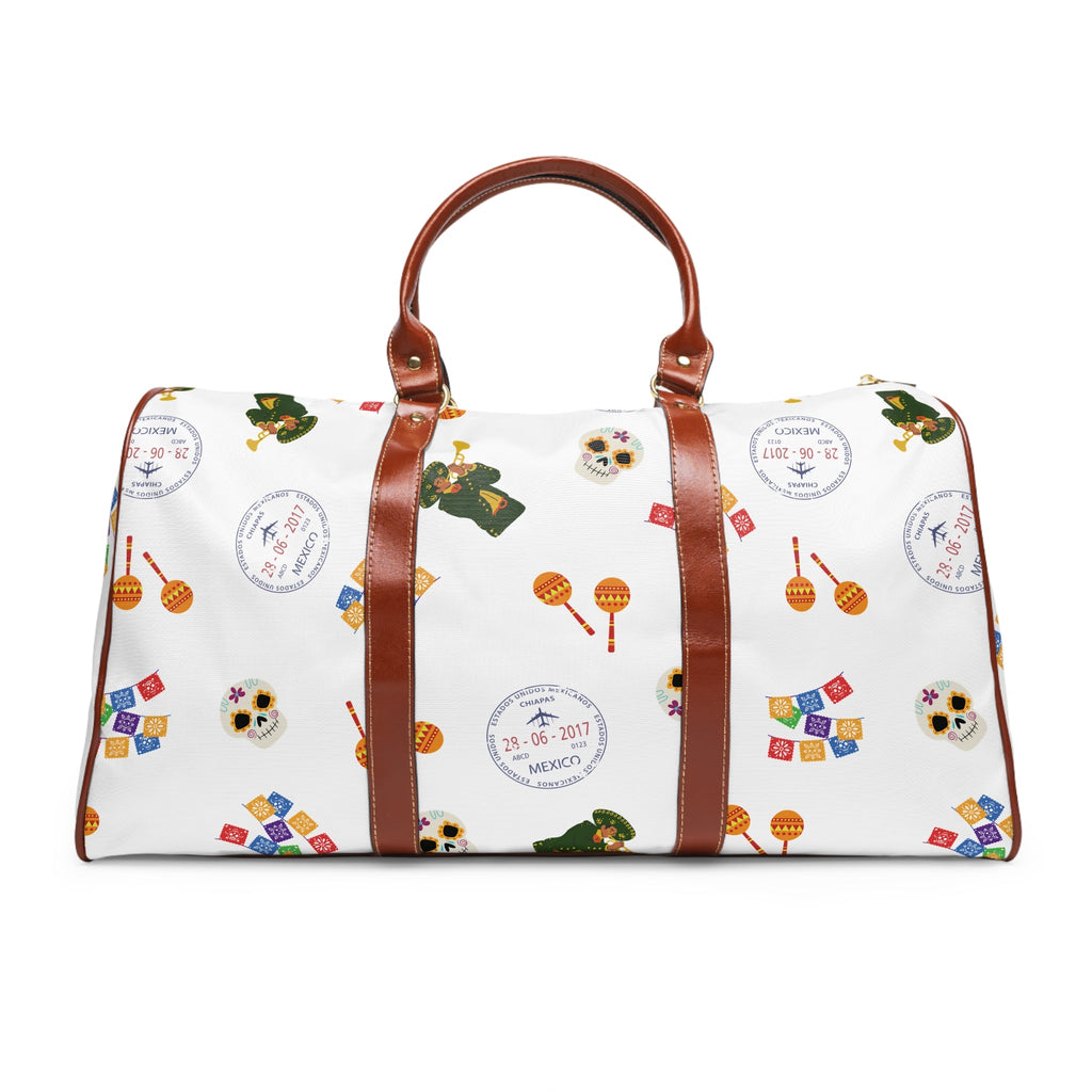 Festive Mexican Fiesta themed Pattern Duffle bag, maracas, skulls, passport stamps Bags La Vie Bien Festive Mexican Fiesta themed Pattern Duffle bag, maracas, skulls, passport stamps