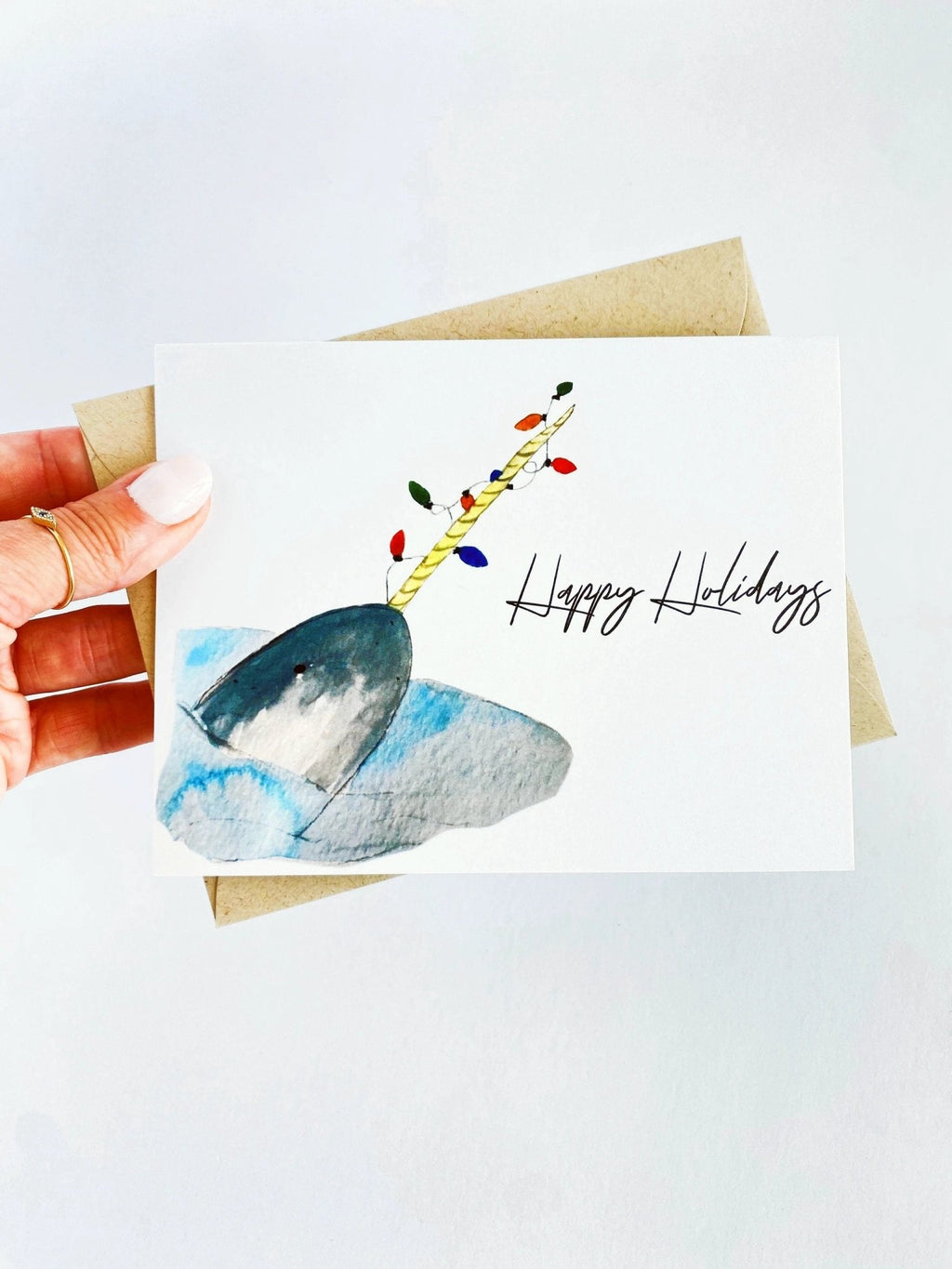 Festive Narwhal Holiday Card Set, Unique Watercolor Narwhal Card by Five Dot Post
