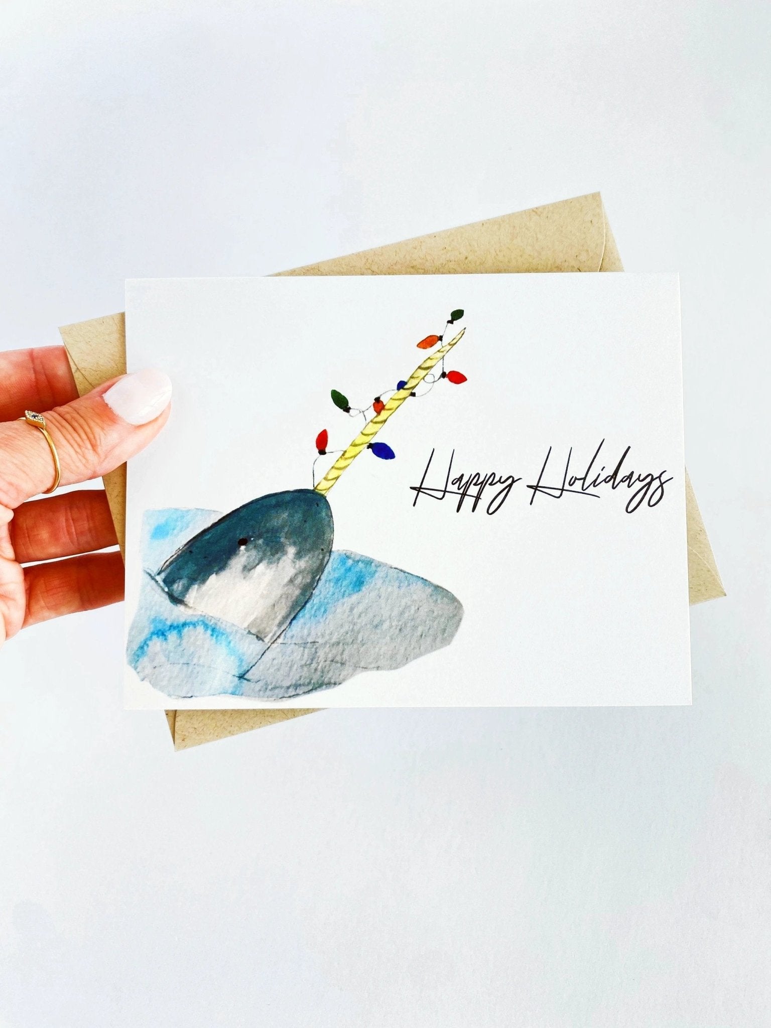 Festive Narwhal Holiday Card Set, Unique Watercolor Narwhal Card by Five Dot Post