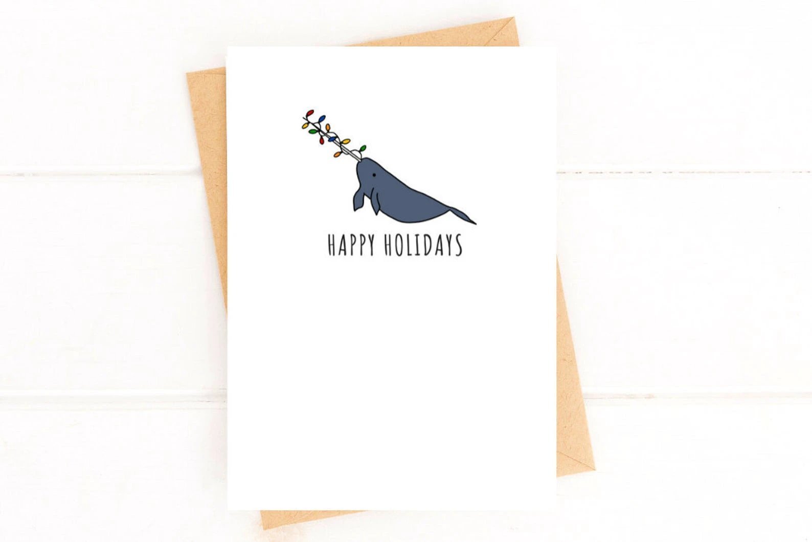 Festive Narwhal Holiday Card Set, Watercolor Narwhal Card, Unique Holiday Card by Five Dot Post