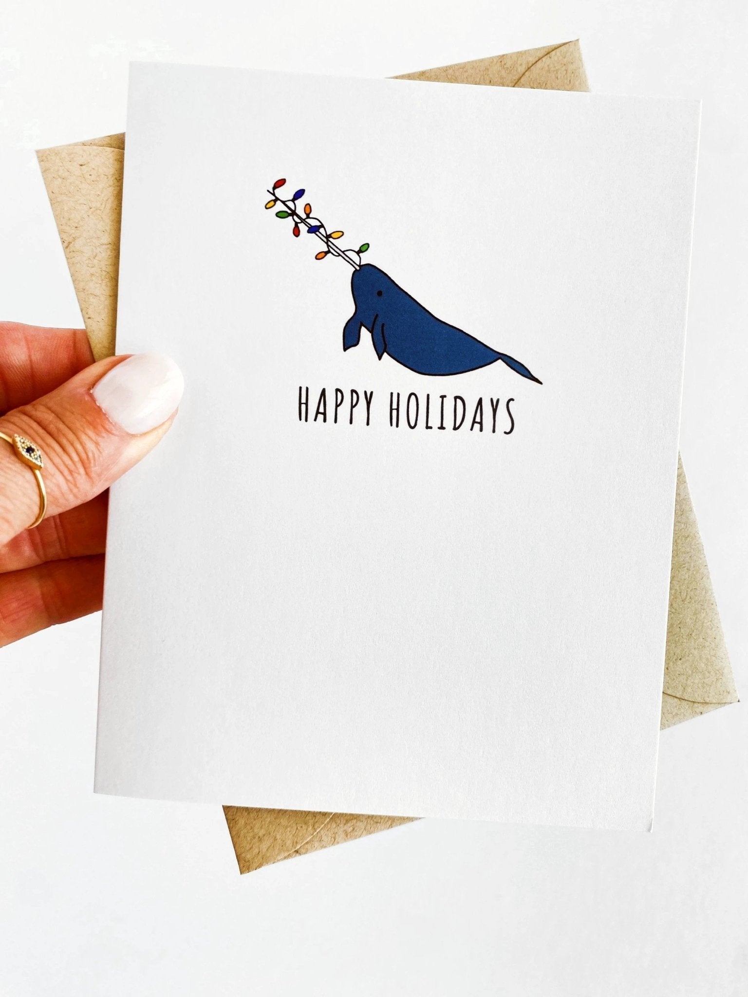 Festive Narwhal Holiday Card Set, Watercolor Narwhal Card, Unique Holiday Card by Five Dot Post
