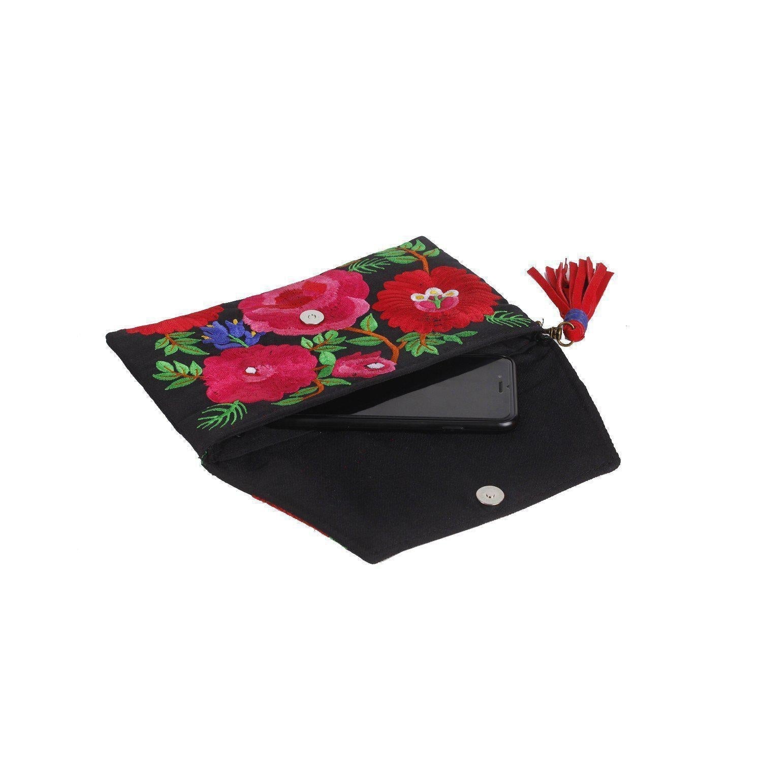 Fiesta Hmong Embroidered Leather Tassel Envelope Clutch Bag - Thailand Bags La Vie Bien Fiesta Hmong Embroidered Leather Tassel Envelope Clutch Bag - Thailand