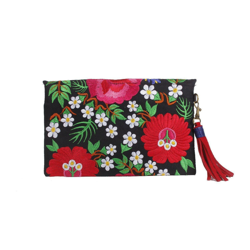 Fiesta Hmong Embroidered Leather Tassel Envelope Clutch Bag - Thailand Bags La Vie Bien Fiesta Hmong Embroidered Leather Tassel Envelope Clutch Bag - Thailand