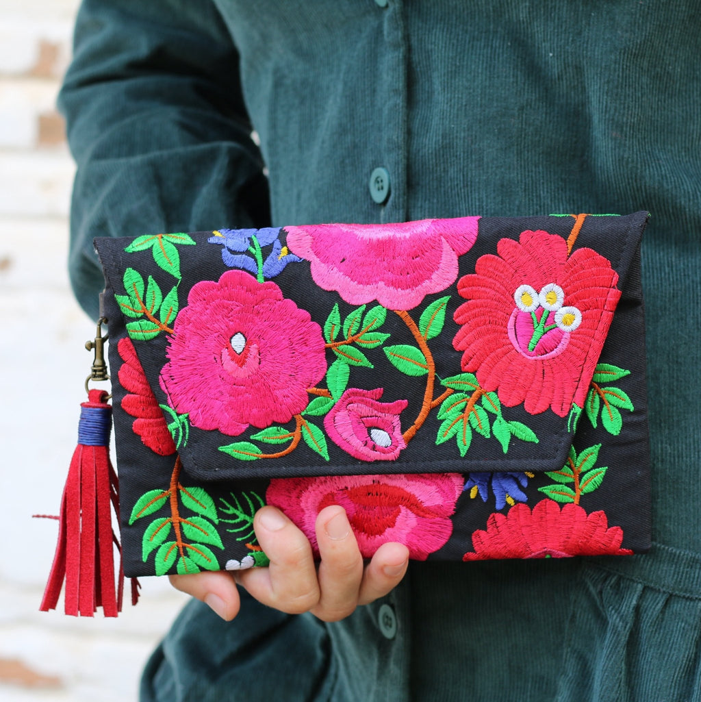 Fiesta Hmong Embroidered Leather Tassel Envelope Clutch Bag - Thailand Bags La Vie Bien Fiesta Hmong Embroidered Leather Tassel Envelope Clutch Bag - Thailand