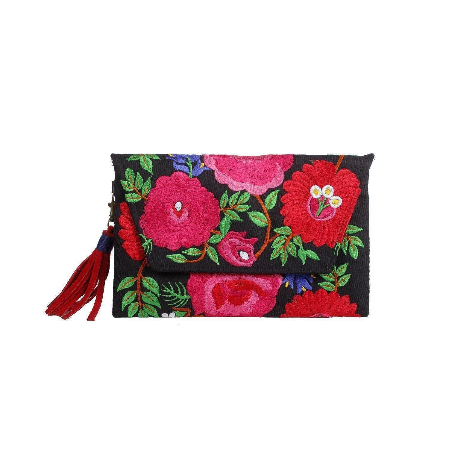 Fiesta Hmong Embroidered Leather Tassel Envelope Clutch Bag - Thailand Bags La Vie Bien Fiesta Hmong Embroidered Leather Tassel Envelope Clutch Bag - Thailand