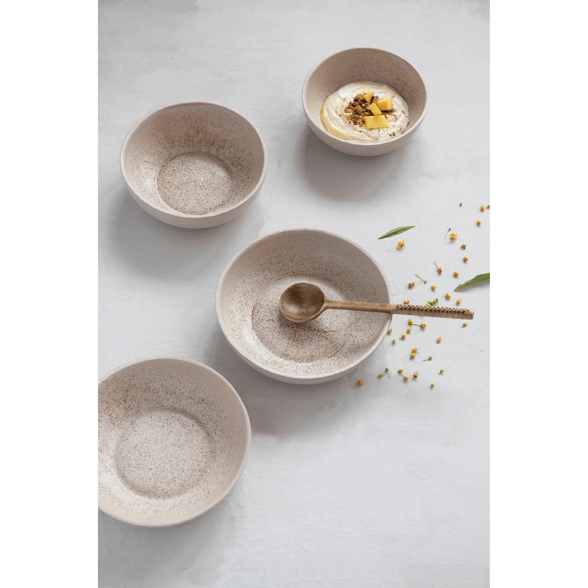 Stoneware Bowl with Reactive Glaze, Speckled Cream Color by White Cliff Studio