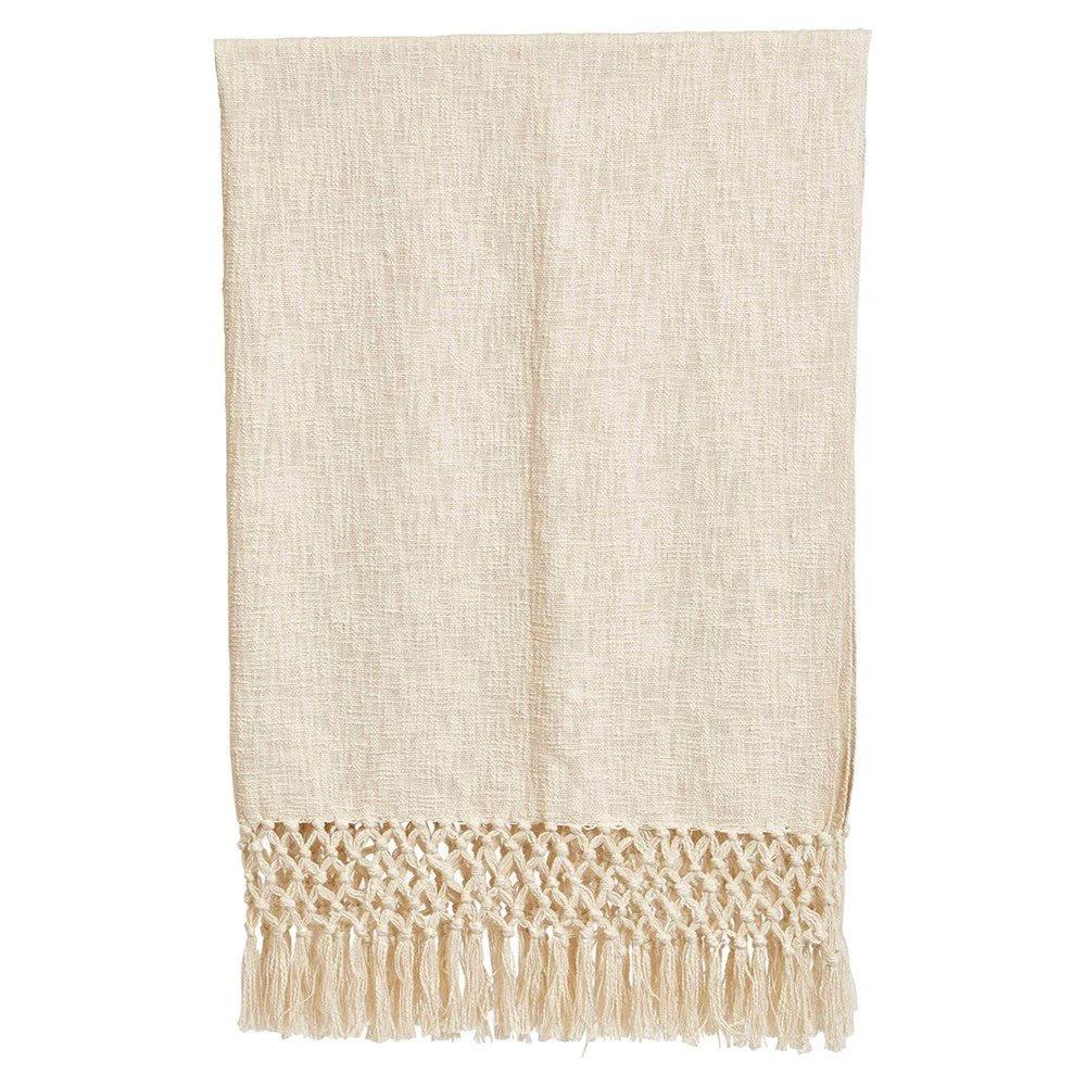 Crochet Fringe Woven Cotton Throw Blanket, Cream by White Cliff Studio